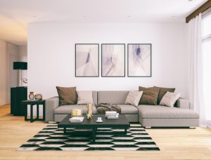 An image of domestic living room, minimalistic zen-like design, warm colors. Render image.